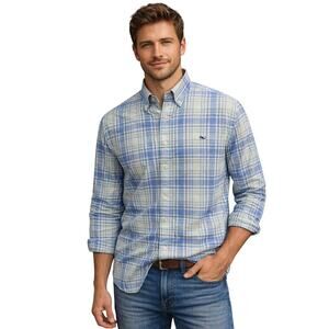 Vineyard Vines slim fit whale button up shirt blue plaid preppy sz M mens EUC